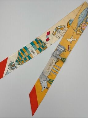 Hermès Twilly Les Folies du Ciel Silk Scarf Yellow Cream Hot Air Balloon
